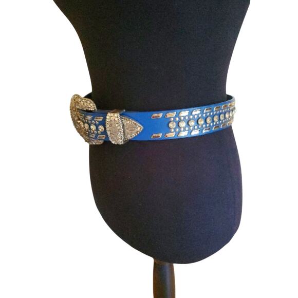 Nocona Blue Leather Belt Clear Crystal Stud Silver Tone Buckle Western Small 26" - Picture 4 of 16